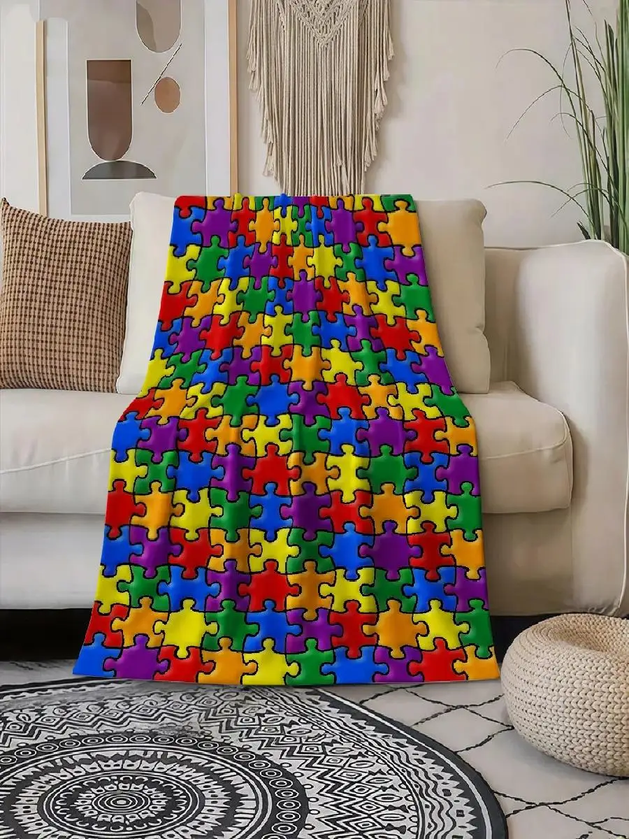 pc PuzzleThemed Flannel Blanket  Soft AllSeason Bedspread with Interlocking Puzzle Pieces Design MultiColor Options