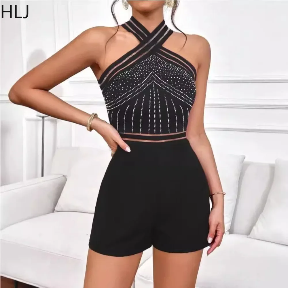 

HLJ Black Sexy Rhinestone Hollow Out Stitching Party Club Rompers Women Halter Sleeveless Backless Slim One Pieces Jumpsuit 2024