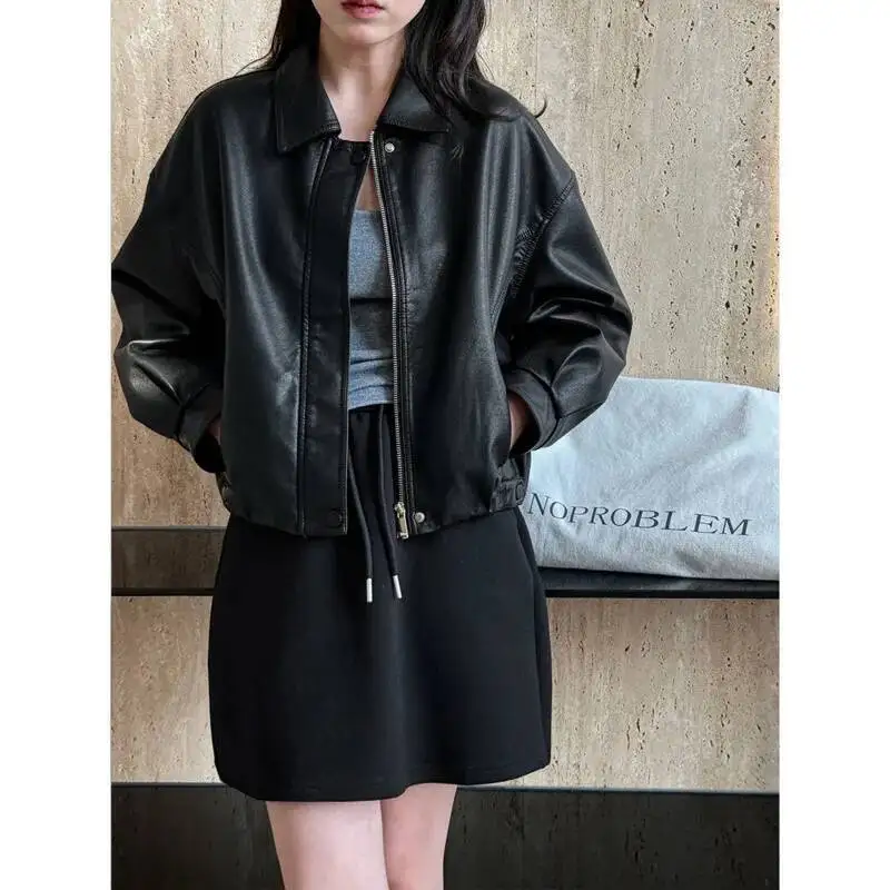 Women Short PU Leather Jacket Spring Turn Down Collar Zipper Long Sleeve Loose Casual Coat