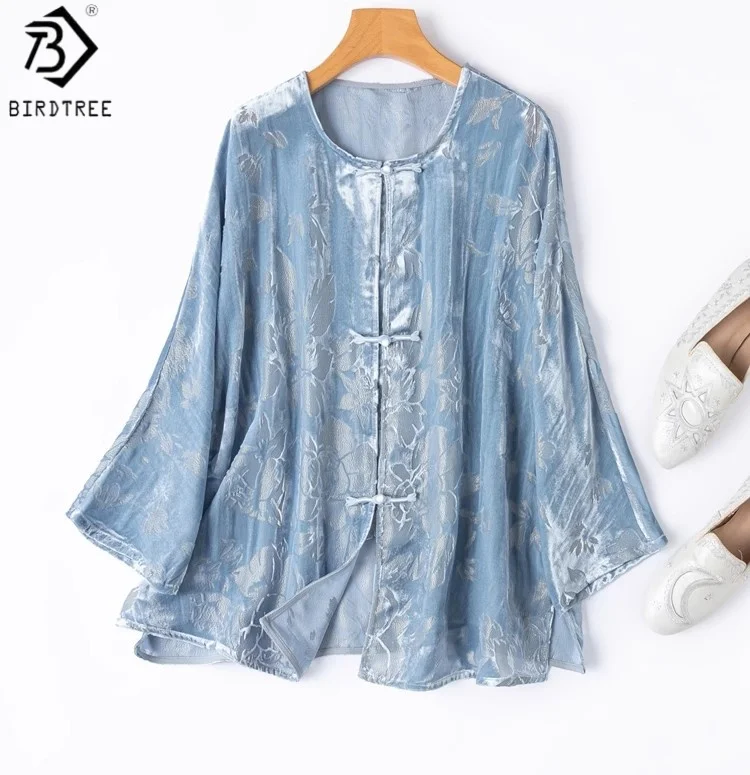 Birdtree 62.6%  Silk Retro Velvet Blue Blouse,Women O-neck Raglan Sleeve Shirt,2025 Autumn Single Breasted Tops T59721JF