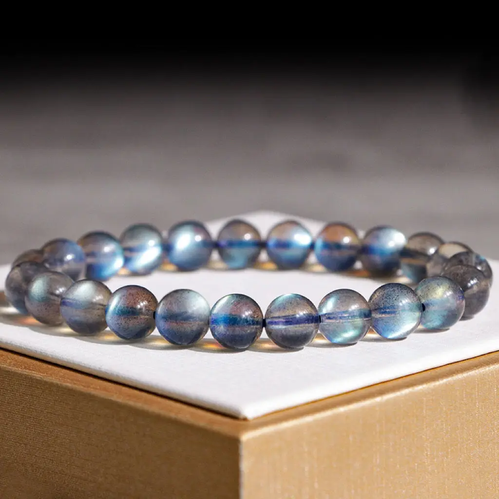 Natural Ice High-grade Blue Light Grey Moonlight Lavolite Single Circle Bracelet Cat's Eye Moonstone HandString Women's Jewelry