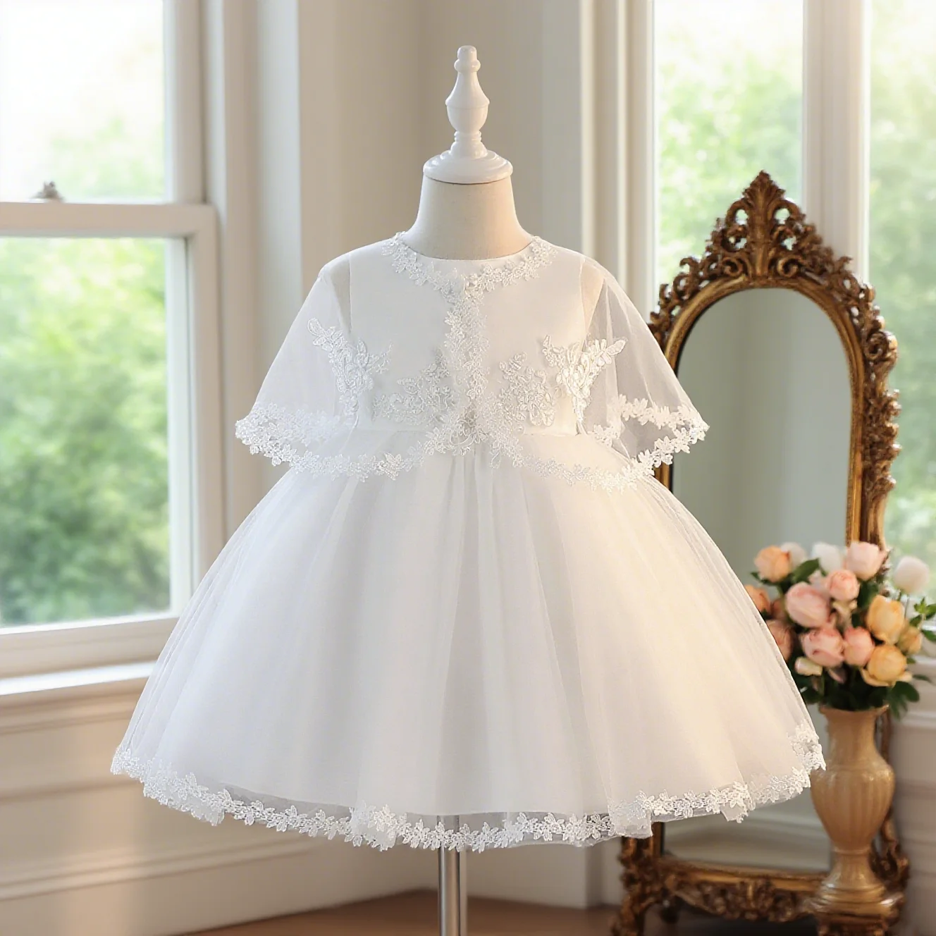 

Кружевное платье для девочек, белое элегантное платье-накидка, подходящее для выпускной церемонии, дня рождения