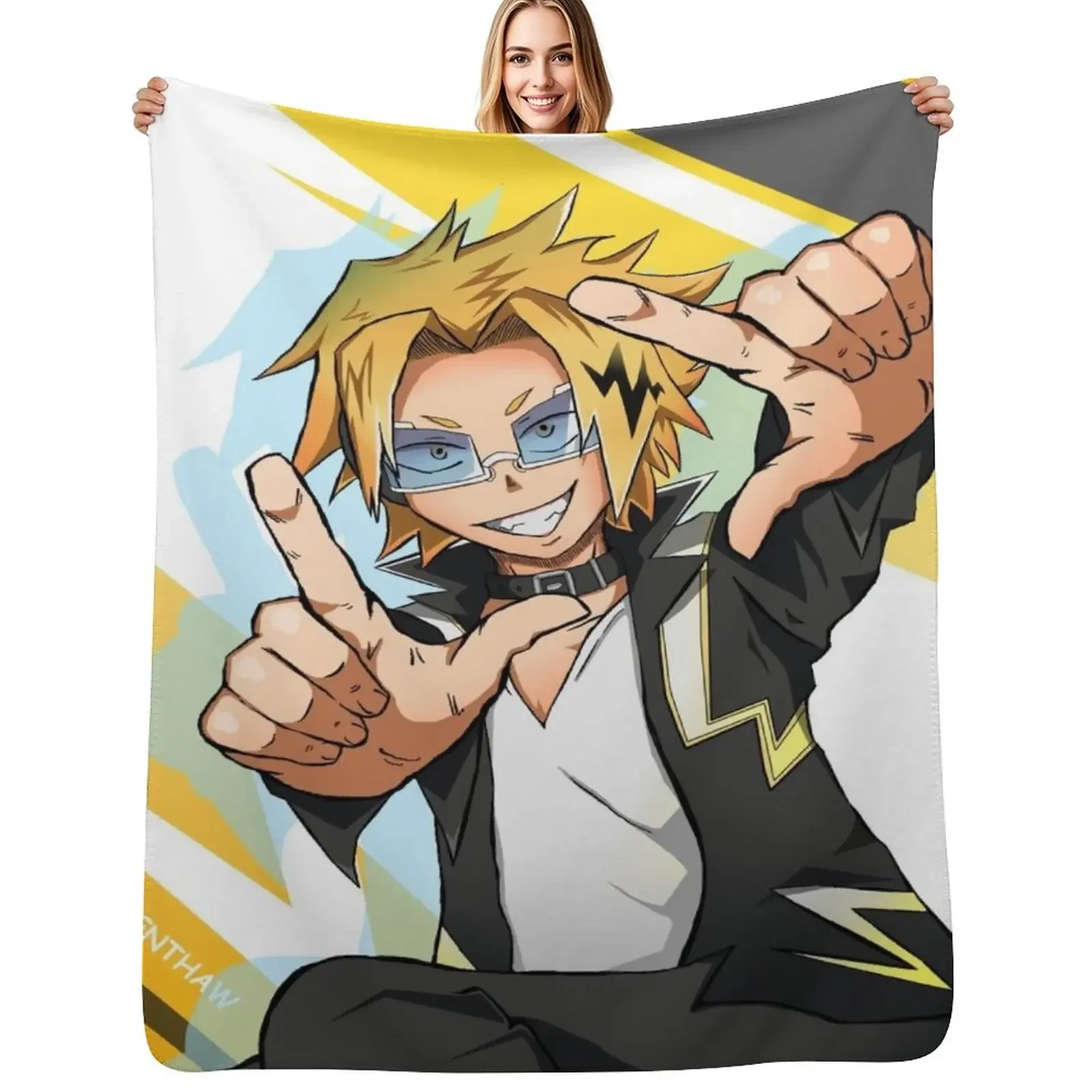 Smile! - Boku No Hero Electrifying Denki Throw Blanket Shaggy Cute Plaid Retros Blanket
