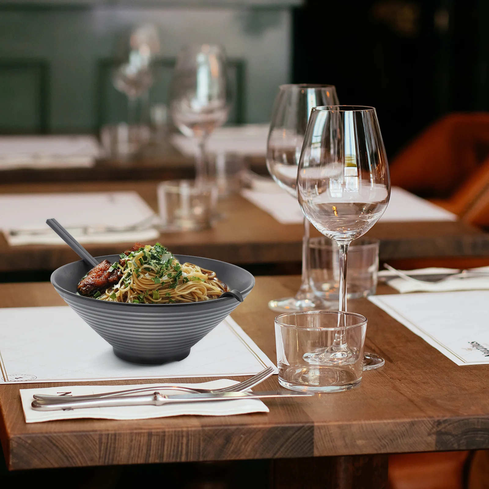 

1 set Japanese Ramen Bowl Spoon Chopsticks Set Black Melamine Soup Bowl Noodle Dinnerware Kitchen Tableware Set