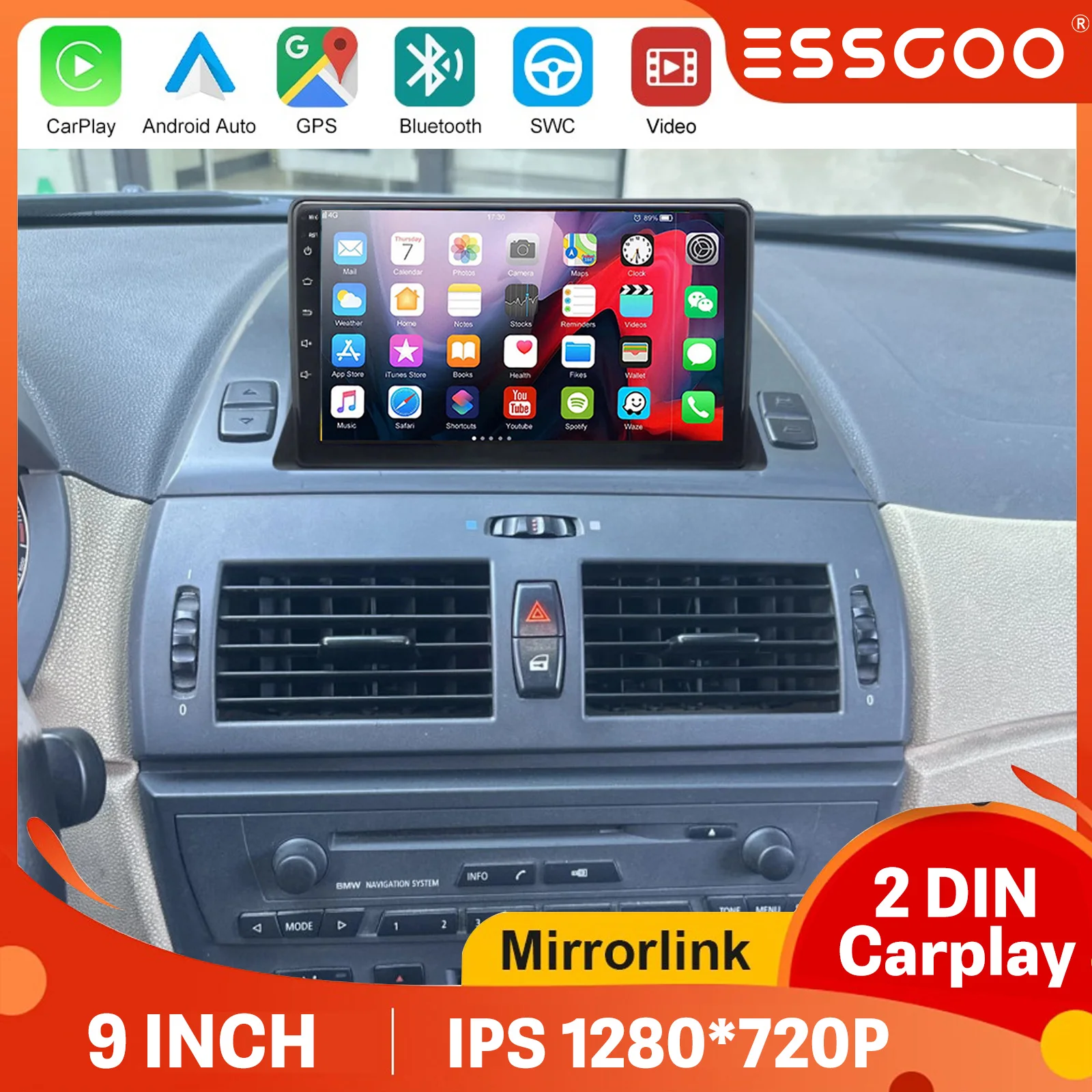 ESSGOO Android 15 Acht-Kern Autoradio Multimedia Player für BMW X3 E83 2006-2010, Bluetooth, kabelloses Carplay, Android Auto, inklusive Kamera