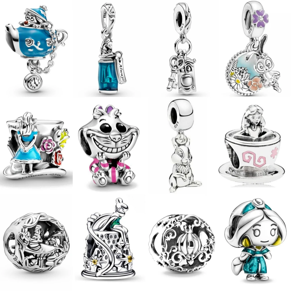 Disney Series 925 Silver Magic Mirror Alice and the Cup Rabbit Beads Fits Original Pandora Bracelets DIY Jewelry Christmas Gifts