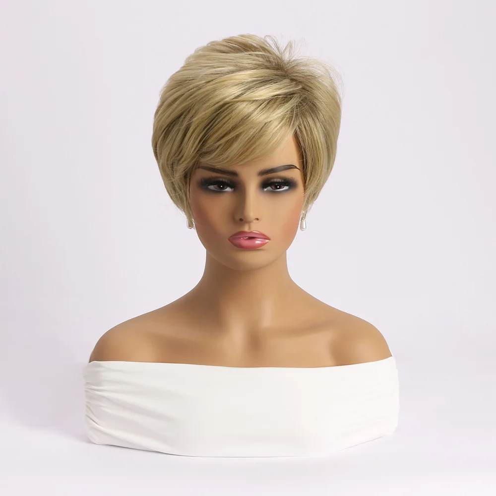 Short Pixie Cut Wig Blonde Synthetic Wigs with Side Bang Ombre Wig for Women Natural Curly Hair