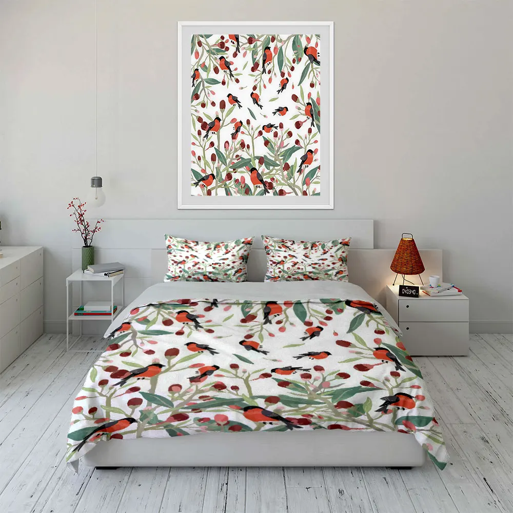 Red-breasted birds with floral background Print Soft Comfortable Duvet Cover Bedding Set Included 1*Duvet Cover  2*Pillowcases