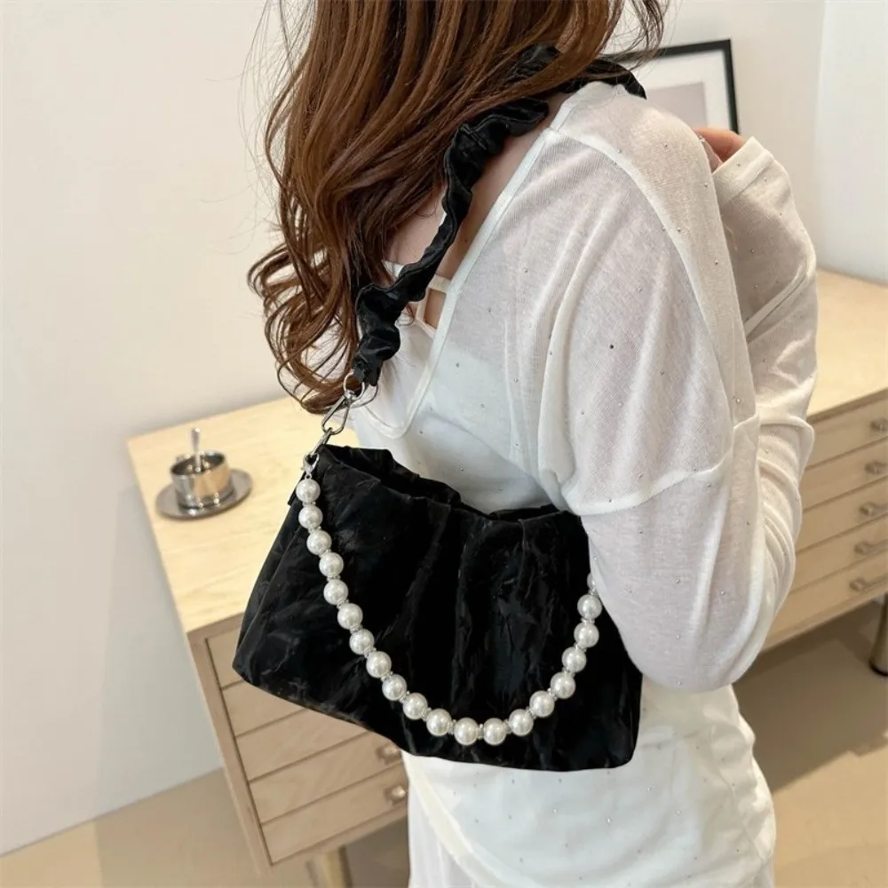 Stylish New Design Beaded Chain Handbag Beaded Chain PU Leather Shoulder Bag Pleated Style Underarm Bag Women's Wear