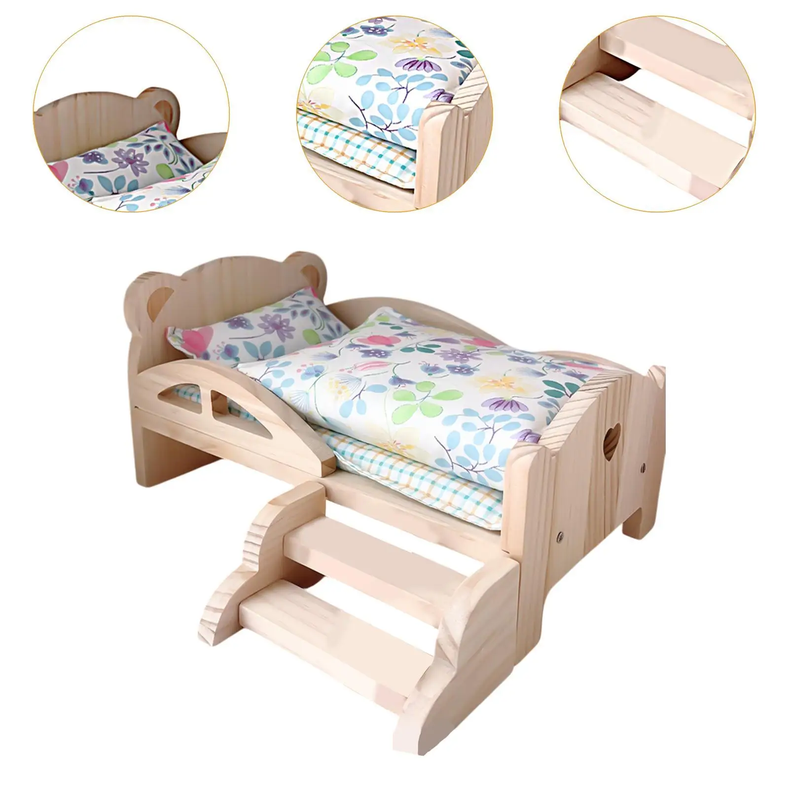 1/12 Wooden Doll Miniature Bed Cartoon Simulation for Dollhouse Decoration