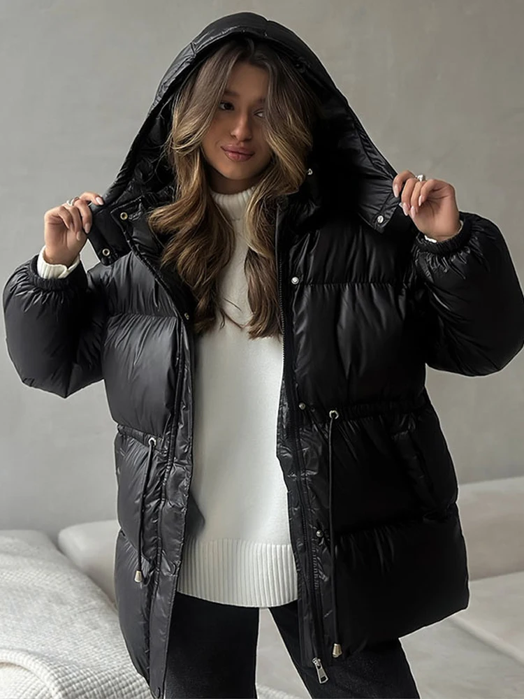 

2025Casual Hooded Women's Padded Jacket Drawstring Waist-Closed Solid Thick Jackets Lady