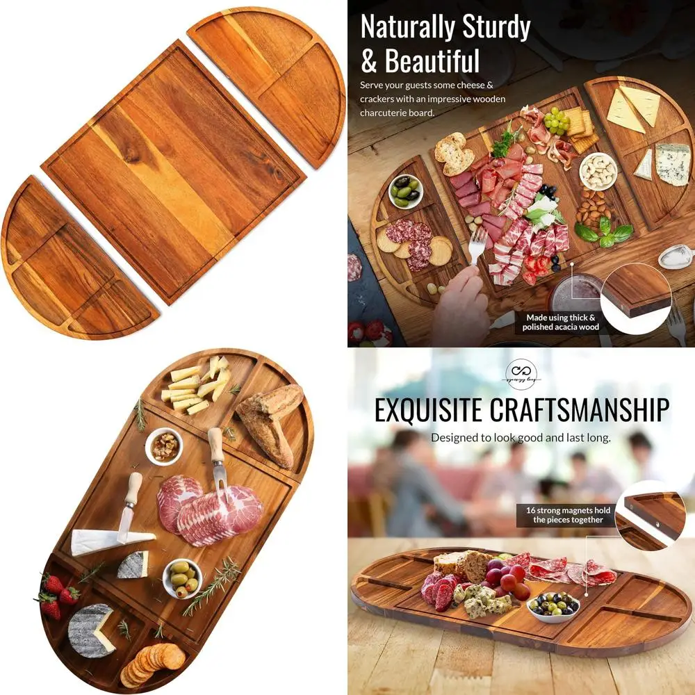 

Elegant 3-Piece Acacia Wood Charcuterie & Cheese Board Set - Long and Round Serving Platters with Magnetic Trays