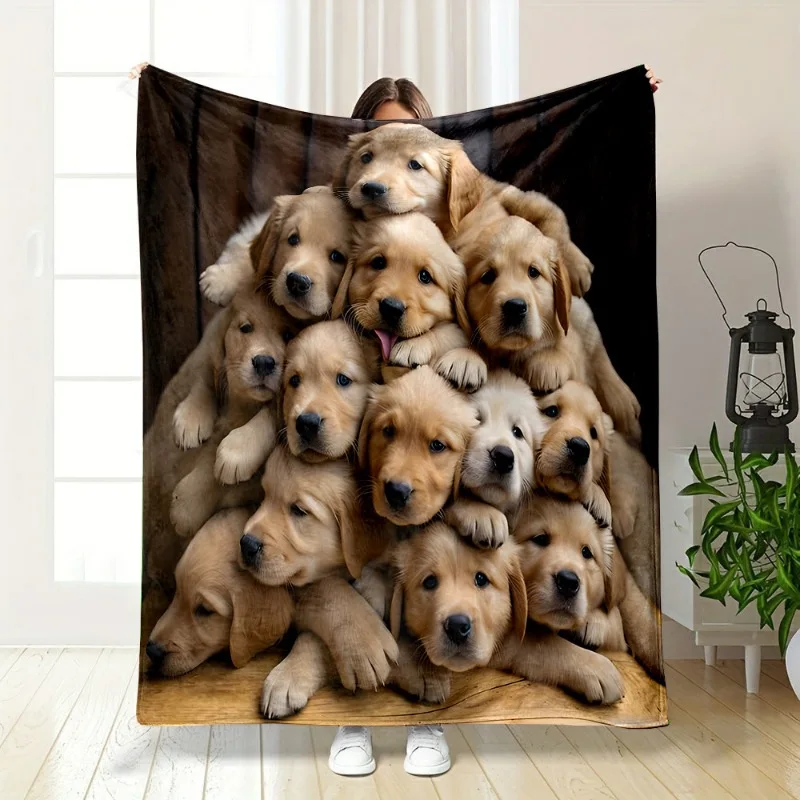Acogedora manta de franela con estampado de pila de perro Golden Retriever: comodidad suave y reversible para todas estaciones