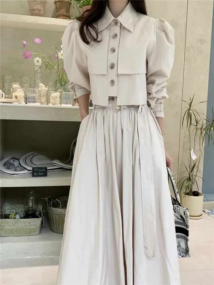 

Chic Fall Celebrity Lady 2 Pieces Dress sets Puff Sleeve Single Breast Short Shirt Jacket&A Line Long Skirt 2pc Matching Suits