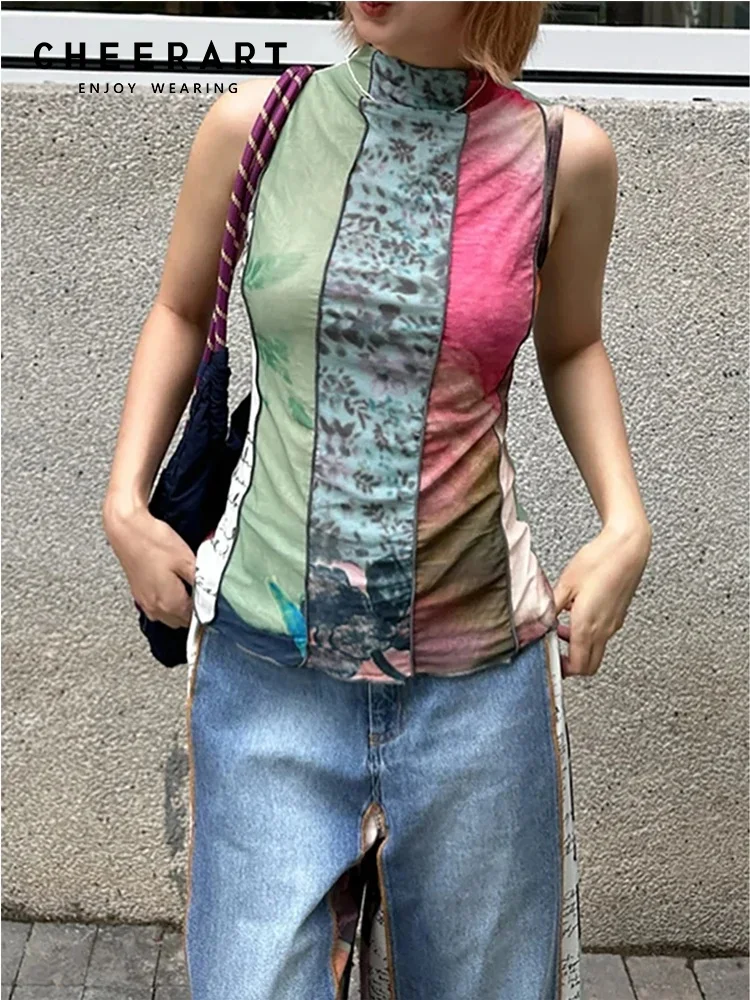 

CHEERART Лоскутный топ без рукавов для женщин, летняя водолазка, сетчатая майка, модельер Y2k, милые вечерние топы, одежда