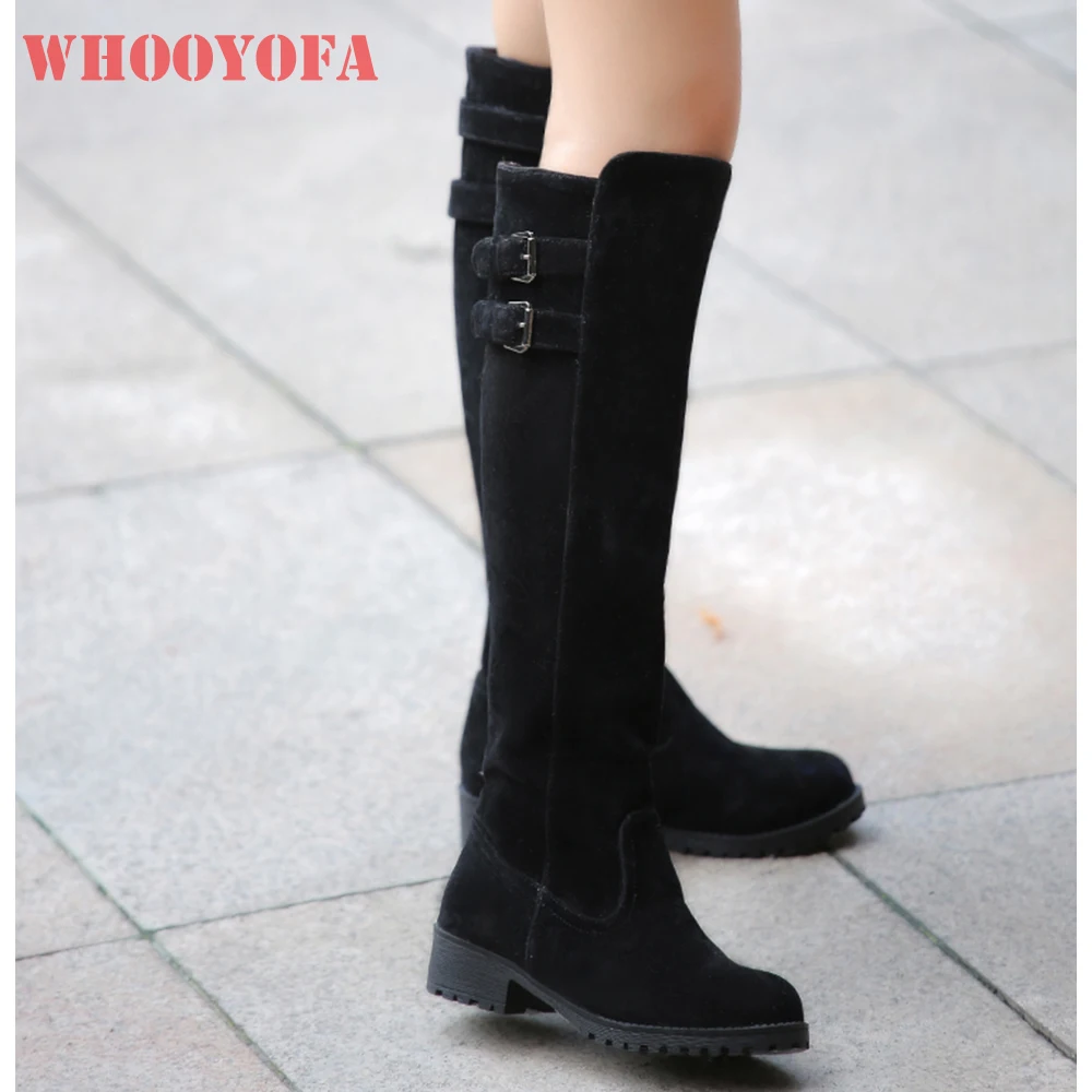 New Winter Fashion Yellow Black Women Knee High Riding Boots Round Toe Med Chunky Heels Lady Nude Shoes Plus Big Size 10 43