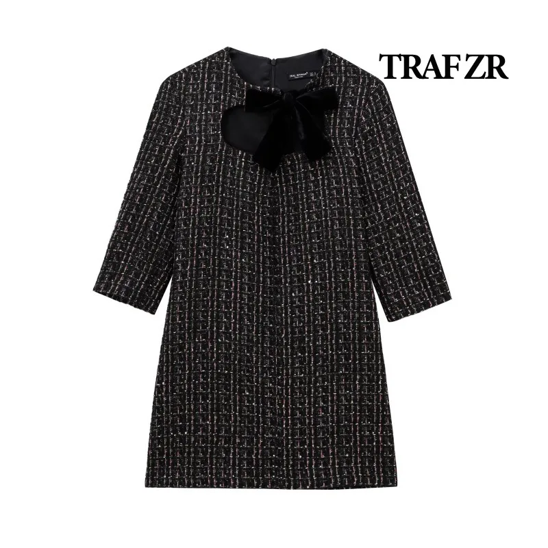 TRAF ZR Black Bow Mini Dress Elegant and Beautiful Women's Dresses Summer Distressed Party Dress Vintage Short Sleeve Dresses