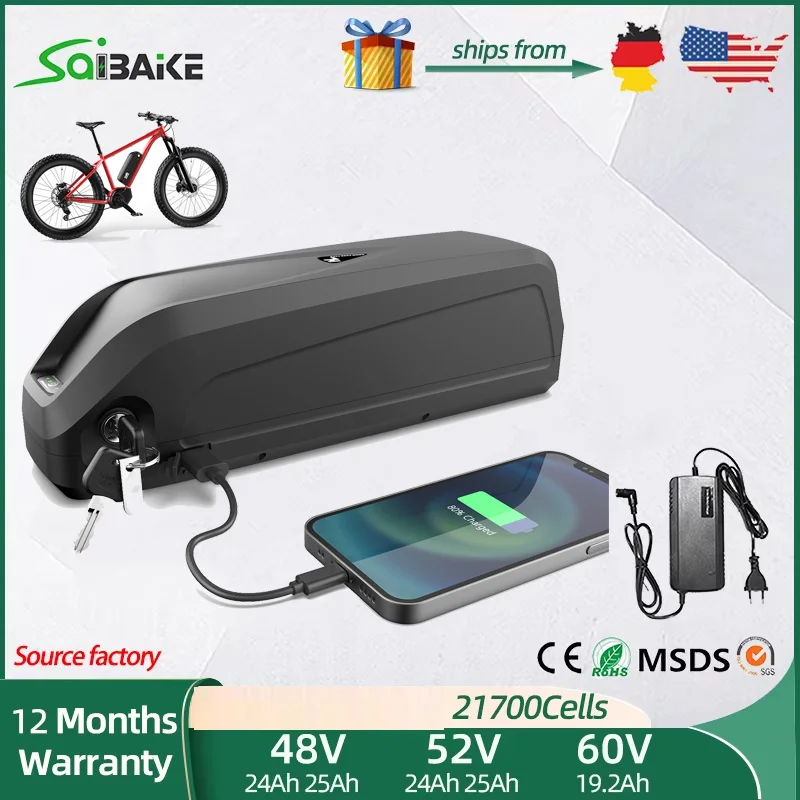 

21700 DownTube Ebike Battery Hailong 36V 48V 52V 13Ah 15Ah 19.2Ah 18650 Bateria Pack for Electric Bike 250W-1500W Motor
