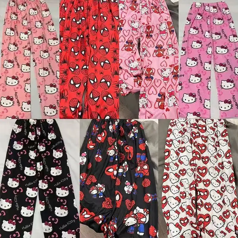 ハローキティ漫画キティ猫ピンクプリントパジャマパンツ女の子のための夏薄いカジュアルルーズホームウェア快適なウォークパンツ