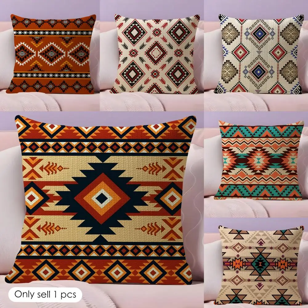 Navajo Azteca Pattern Cushion Cover Natural Linen Pillow Case Double-Sided Print Decorative Sofa Pillowcase Home Decor Gift