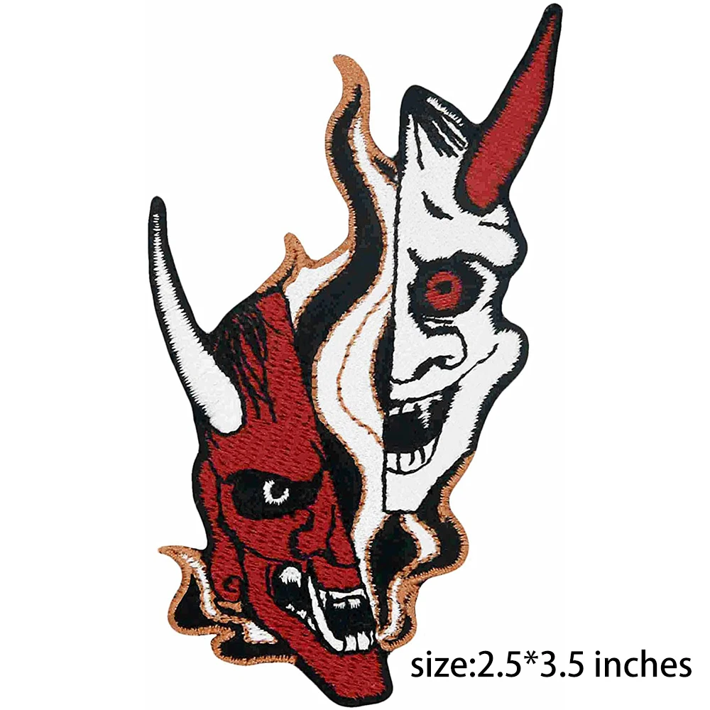 Japanese Hannya Oni Black and White Mask Patch Embroidered Applique Badge Iron On Sew On Emblem for Clothes Jackets Backpacks