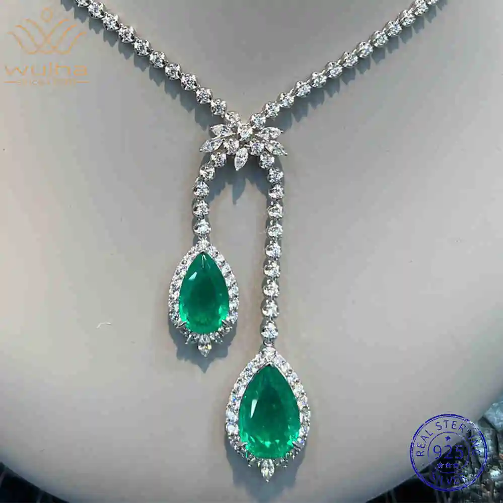 

WUIHA Vintage Pear Cut Emerald High Carbon Diamonds Gemstone Necklaces Anniversary Cocktail 925 Sterling Silver Fine Jewelry