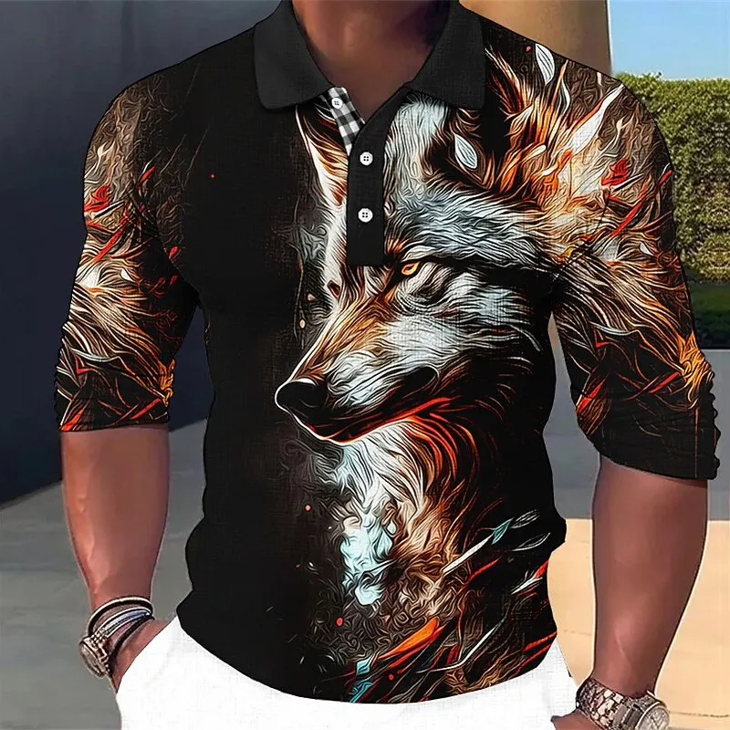 

3D Retro Wolf Print Polo Shirts For Men Autumn Winter Daily Casual Long Sleeve Clothes Outdoor Street Loose Comfortable Pullover