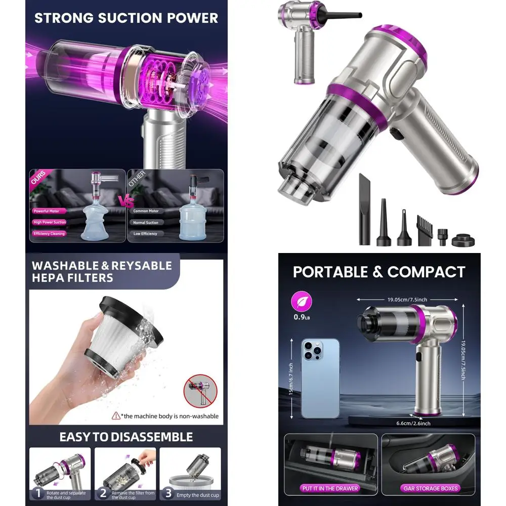 

Portable Pink 15000Pa Handheld Vacuum for Pet Hair & Dust, Cordless, Lightweight, Ideal for Home, Car, Travel, and Business Trip