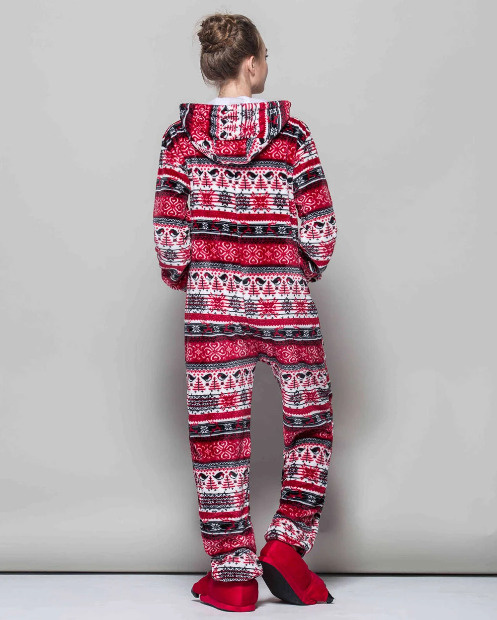 Women Long Sleeve Fleece Hooded Jumpsuit Pajamas with Zipper Christmas Snowflake Print Onesie Bodysuit Holiday One Piece Costume