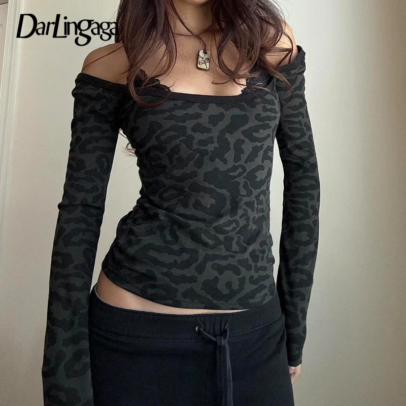 

Darlingaga Gothic Lace Patchwork Leopard Print T-shirt Street Skinny Off Shoulder Aesthetics Crop Top Female Outfits Grunge Y2K