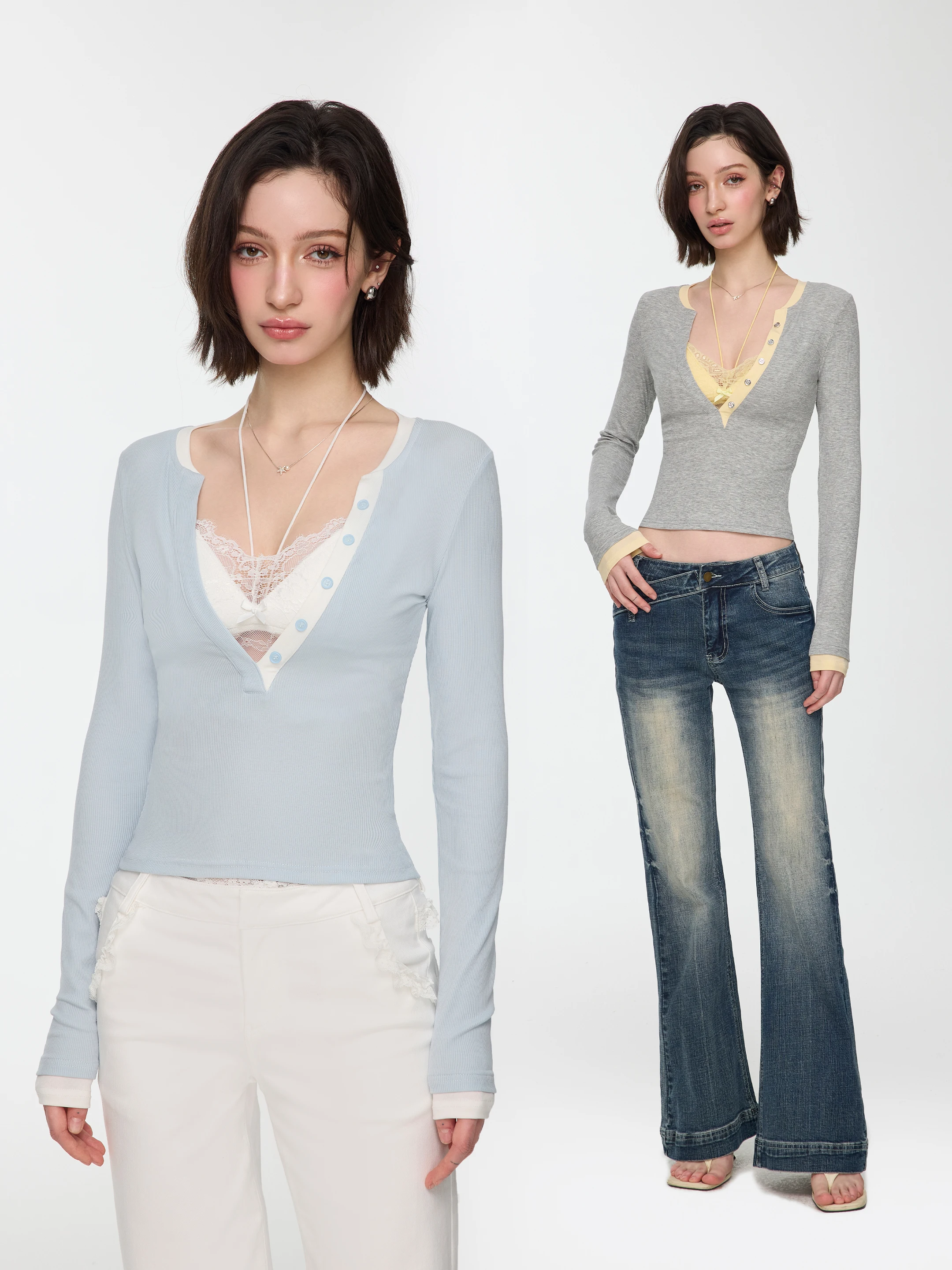 

Женская футболка M Studio Slim Fit с длинным рукавом и V-образным вырезом, дизайн с цветовыми блоками, весна-осень, топ из смесового хлопка и полиэстера