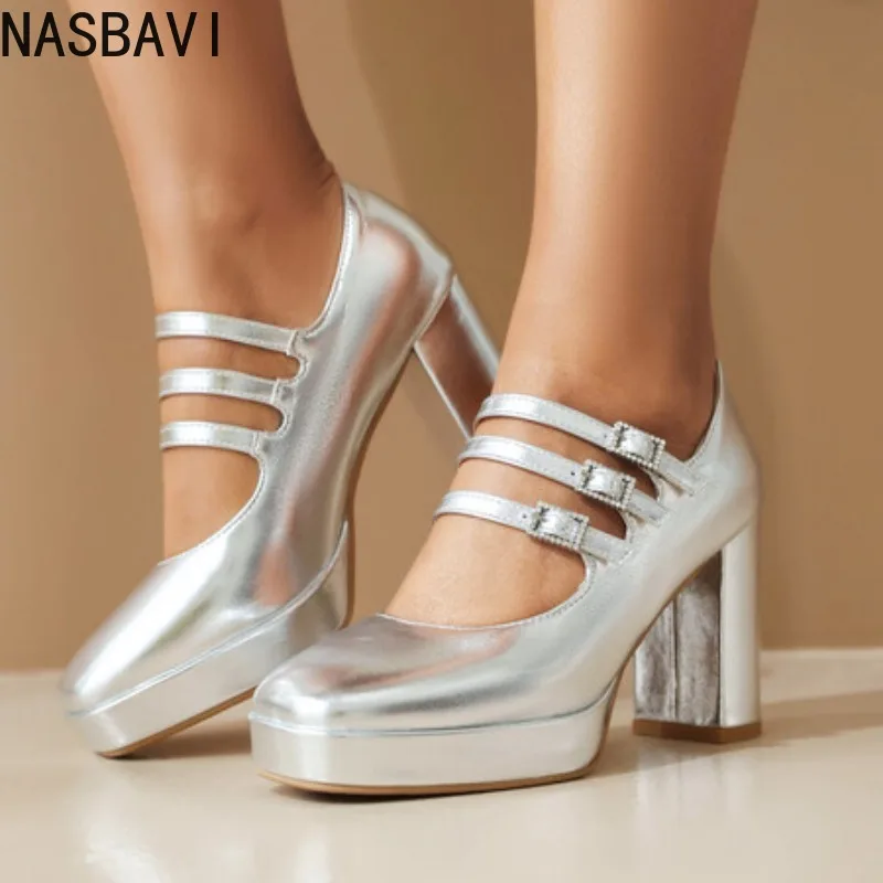 

NASBAVI Luxury Mary Janes Shoes for Women Ankle Strap Gold High Heels Women's Pumps Office Party Wedding Dance Shoes Female