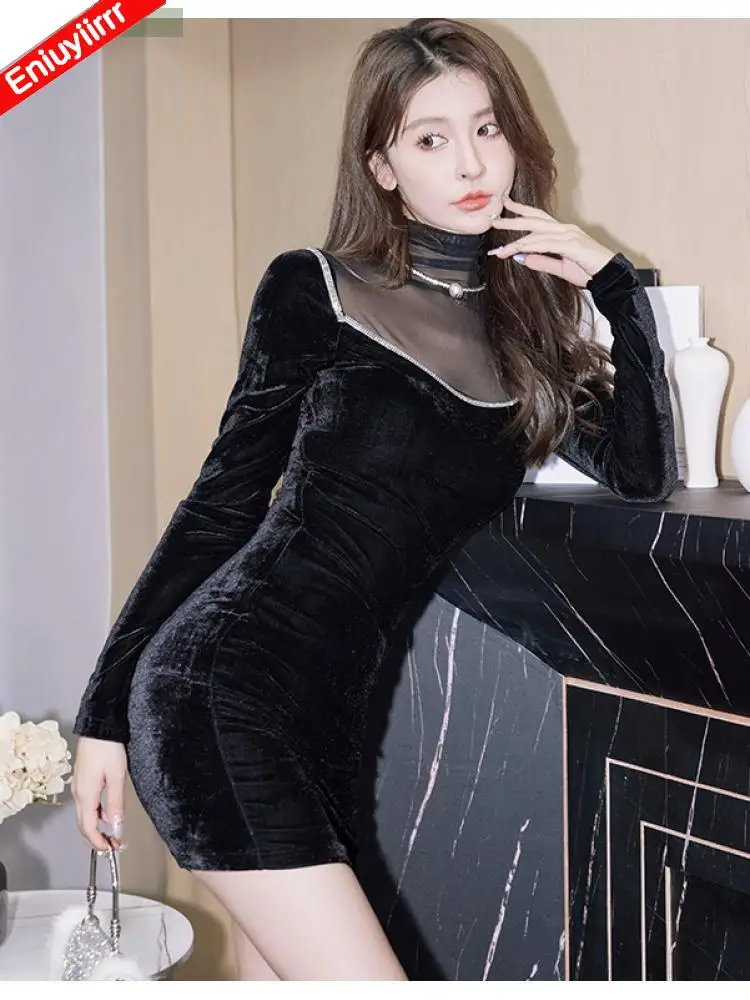 New Year Christmas Date Girls Elegant Little Black Sheer Mesh Velvet Dress Women Bodycon Sexy High Waist Bling Party Dresses