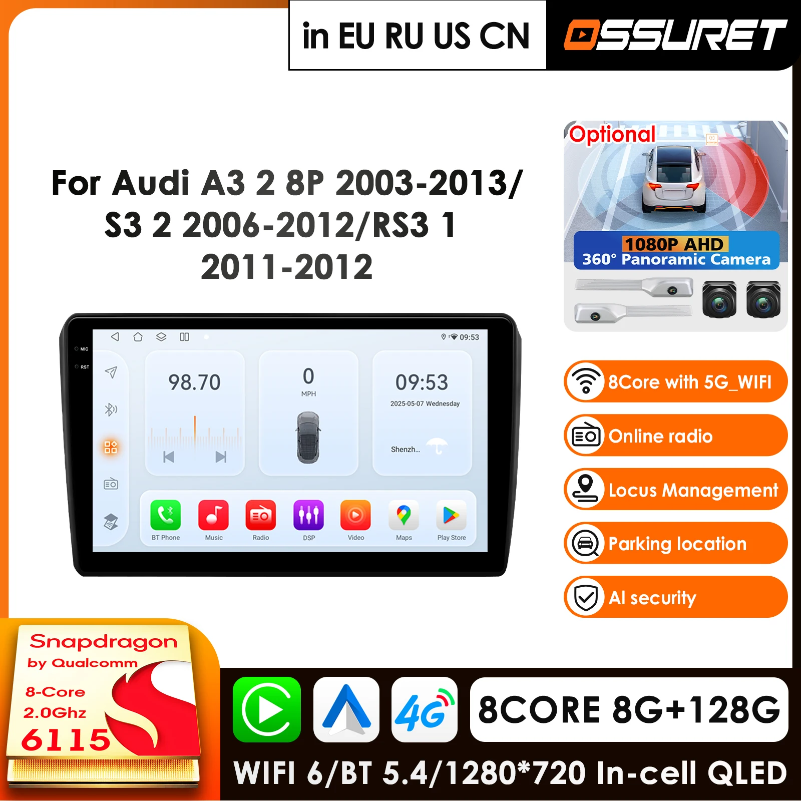 

360-камера, автомобильные интеллектуальные системы, Android 14, автомобильное радио для Audi RS3 Sportback A3 8P S3 2003-2012, мультимедийное авторадио Carplay 4G