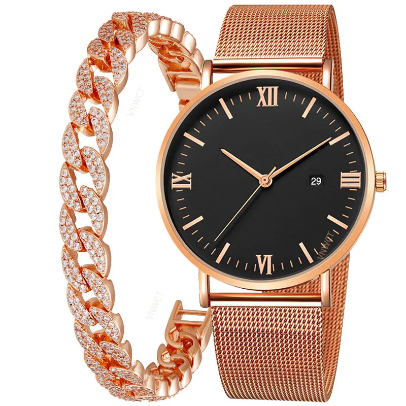 メンズ超薄型防水クォーツ時計,磁気ダイヤモンドブレスレット,スリムメッシュ,スチール,カレンダー,スポーツ