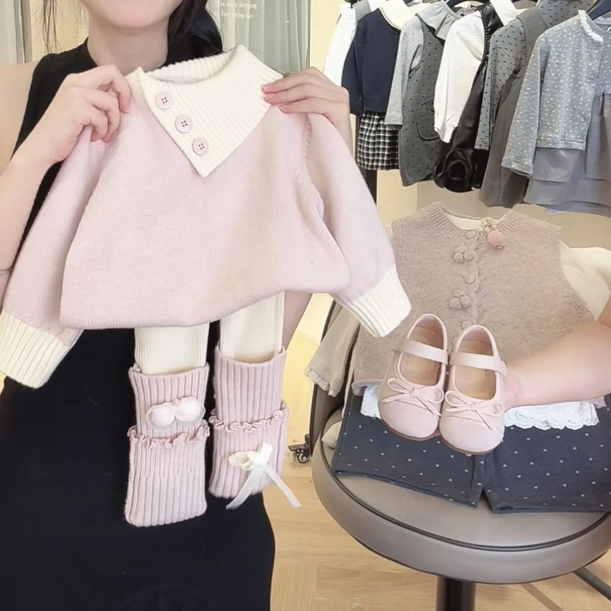 

Winter Children Girl 2PCS Clothes Set Cotton Knitted Infant Babys Girl Sweater Suit Loose Bow Spliced Kids Girl Leggings Outfits