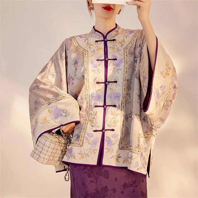

Neo-Chinese Women's Set Long Sleeve Viscose Print Shirts Embroidery Loose Kimono Cut Midi Skirt Suit Luxury Retro