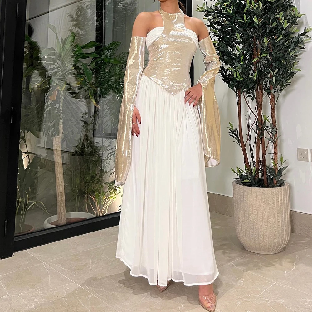 

Customized Sexy Chiffon A-Line Evening Dress Temperament Long Sleeves Floor Length Halter vestidos para mujer Custom Size