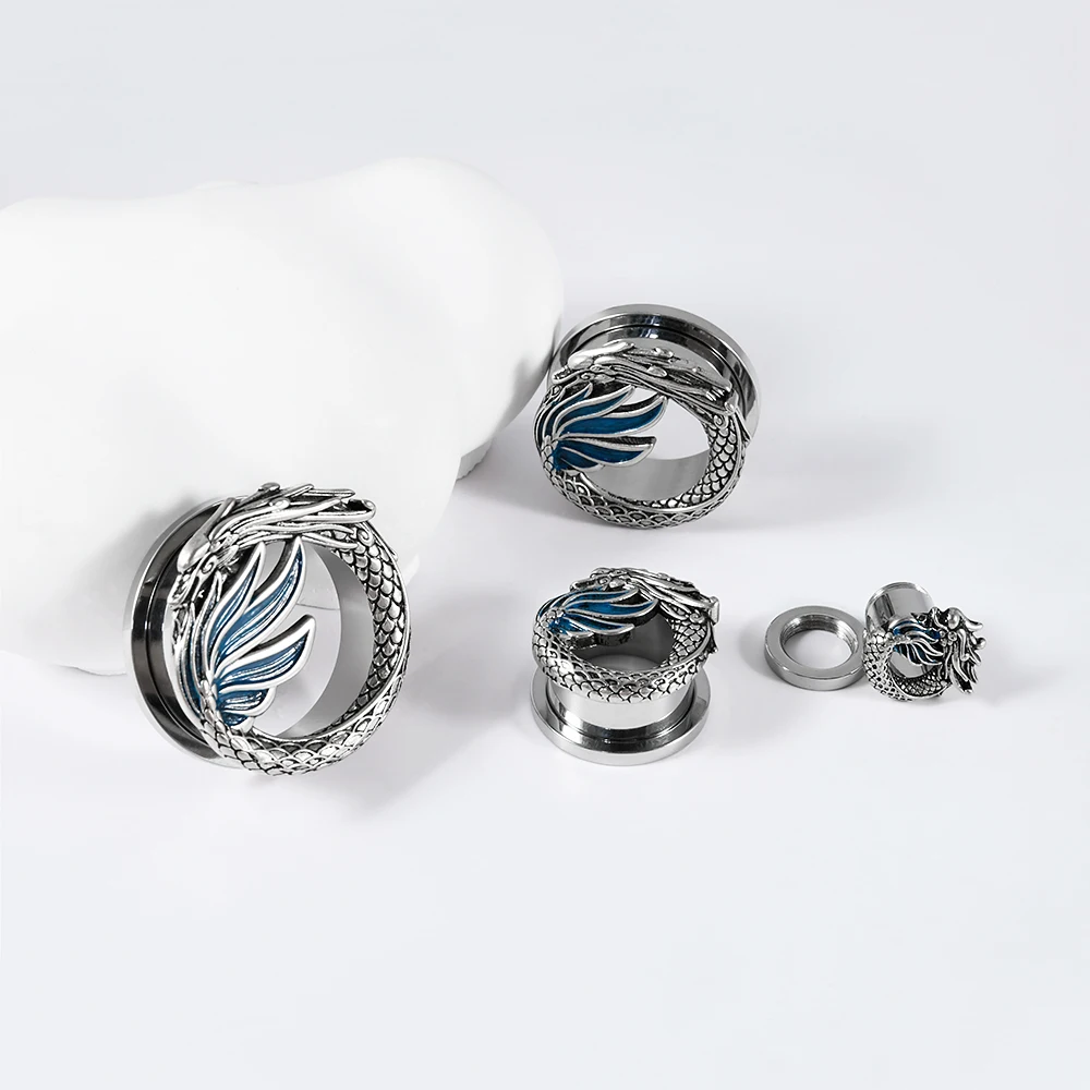 1-2 قطعة خمر الصينية التنين الأذن الأنفاق والمقابس المتوسع الوزن الأذن مقاييس نقالات القرط الفولاذ المقاوم للصدأ ثقب المجوهرات #4