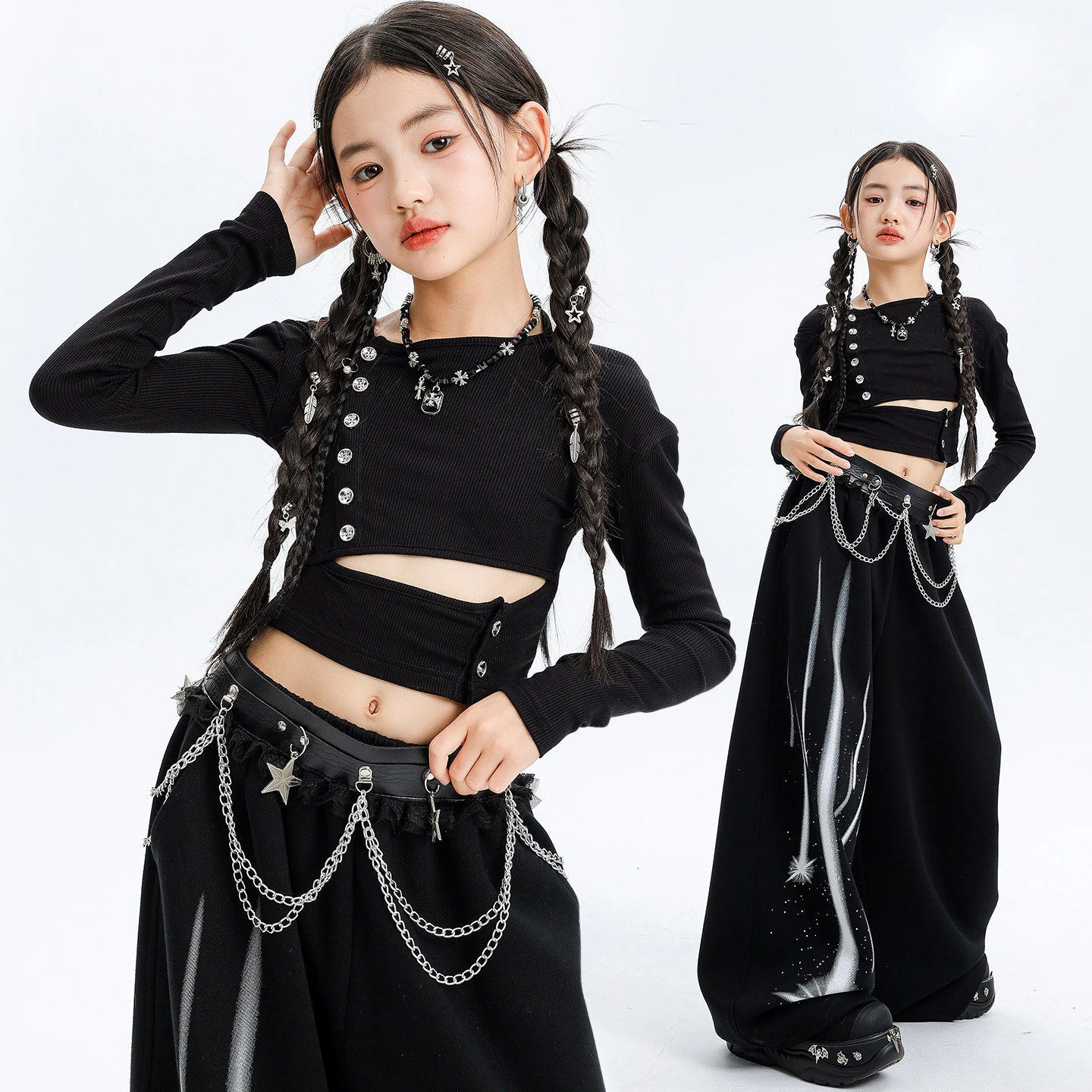 

Детская одежда в стиле K-pop и хип-хоп: черная кружевная футболка-халтер с вырезами и пуговицами, укороченная, с принтом «Метеор», и спортивные брюки для девочек, для танцевальных выступлений