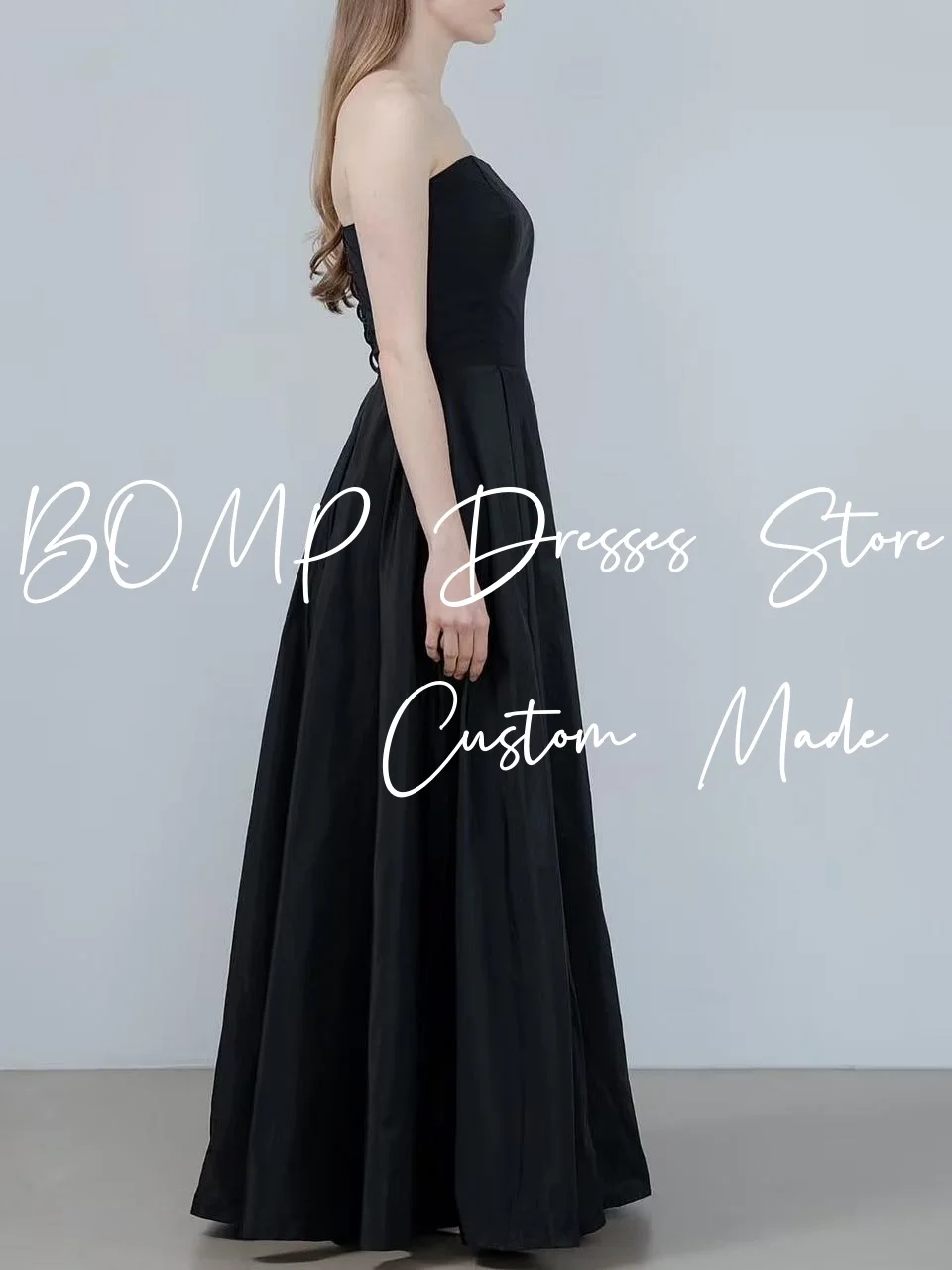 ชุดแต่งงานเรียบง่ายสีดำแบบเปิดไหล่ยาวกรอมพื้นผ้าทาฟต้าสไตล์เกาหลีสำหรับถ่ายภาพ ชุดราตรีเจ้าสาวสั่งตัดได้