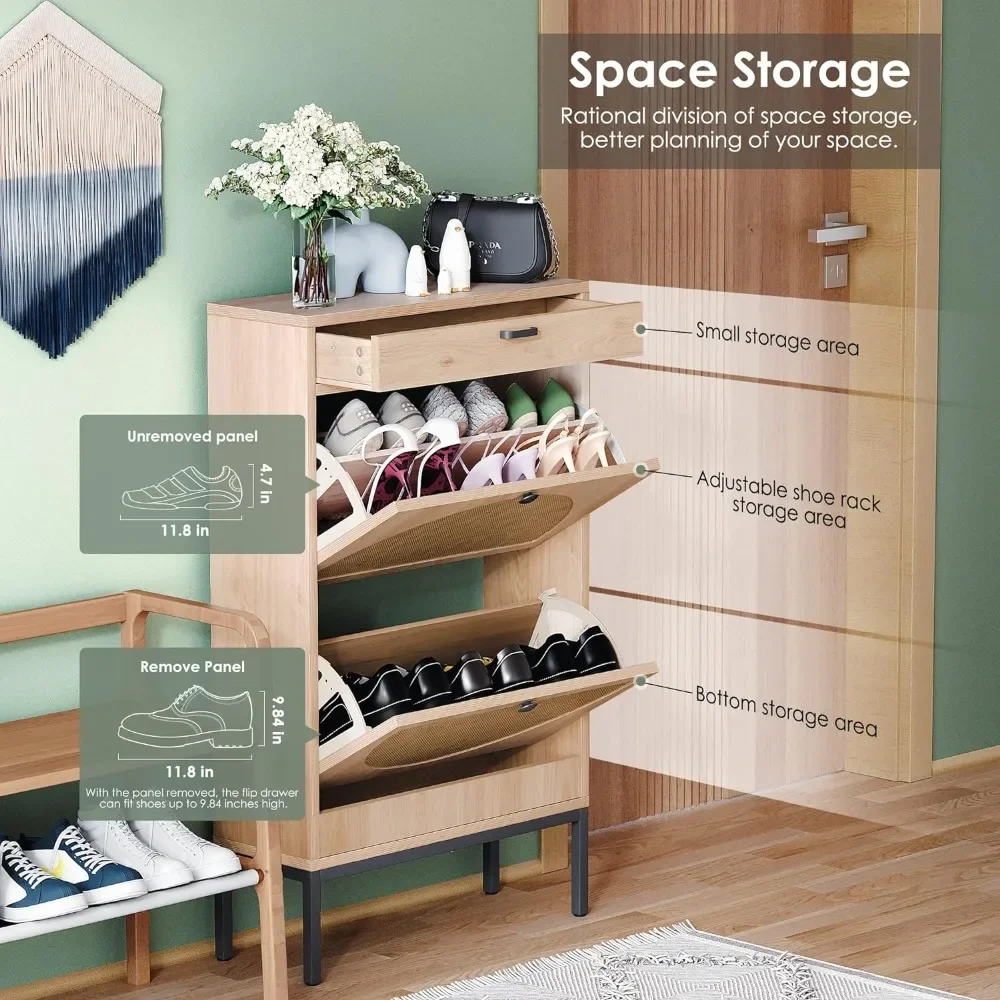 Shoe Rack Storage Organizer with 2 Natural Semi-Circular Rattan Doors, Entryway Wooden Shoe Cabinet for Sneakers