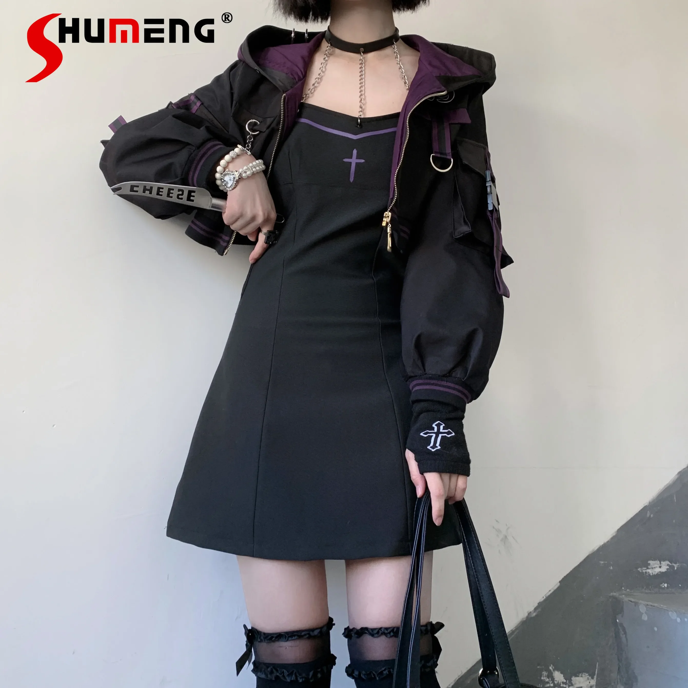 Japanese Style Mechanical Girl Dress Suit Original Sweet Cool Long Sleeve Hooded Jacket for Women Short Sling Dresses 2 Pieces