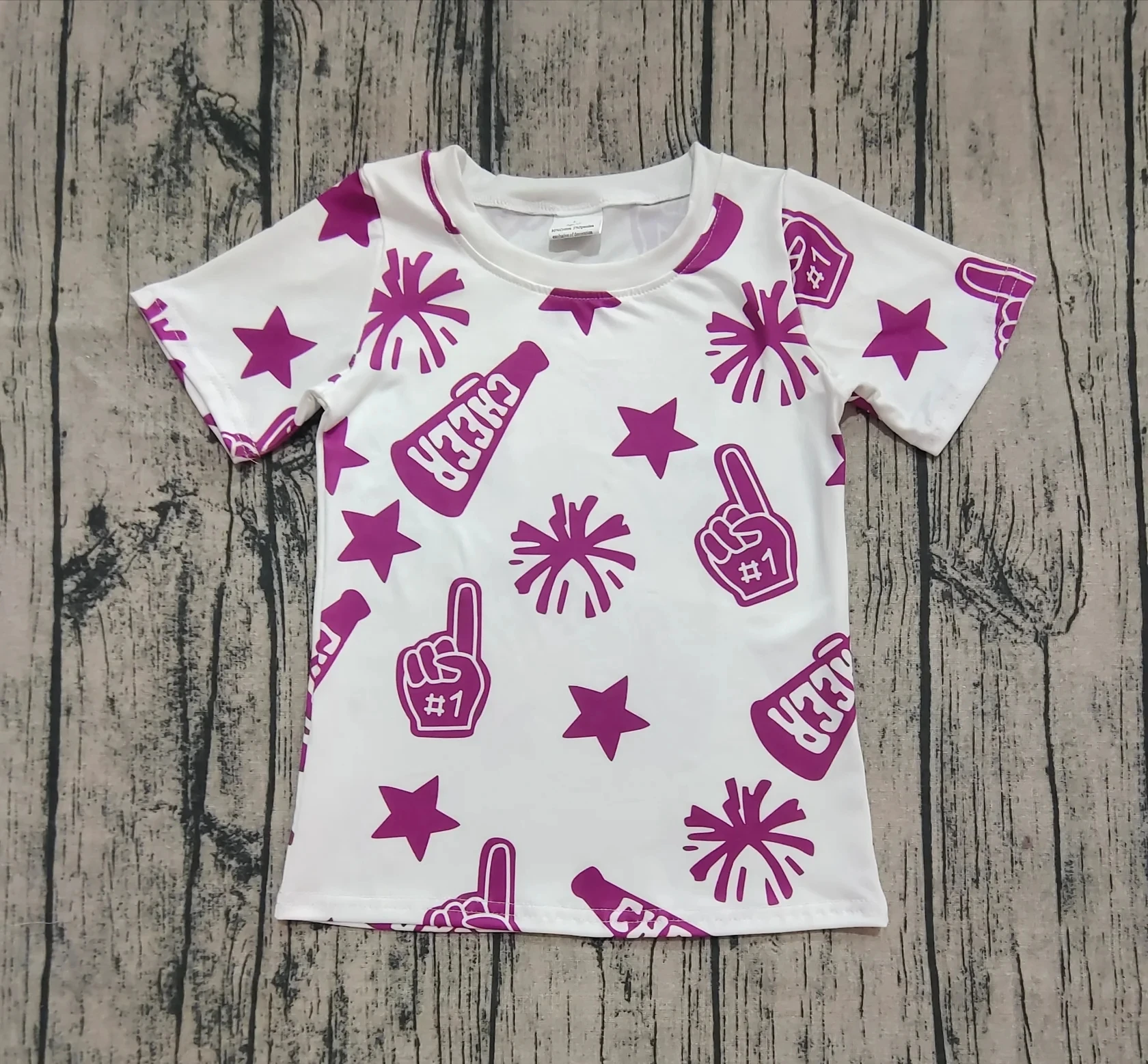 

6.26 Wholesale hot sale western boutique kid children clothing Baby Girls Short Sleeves Hot Pink Firework Cheer Tee Shirts Tops