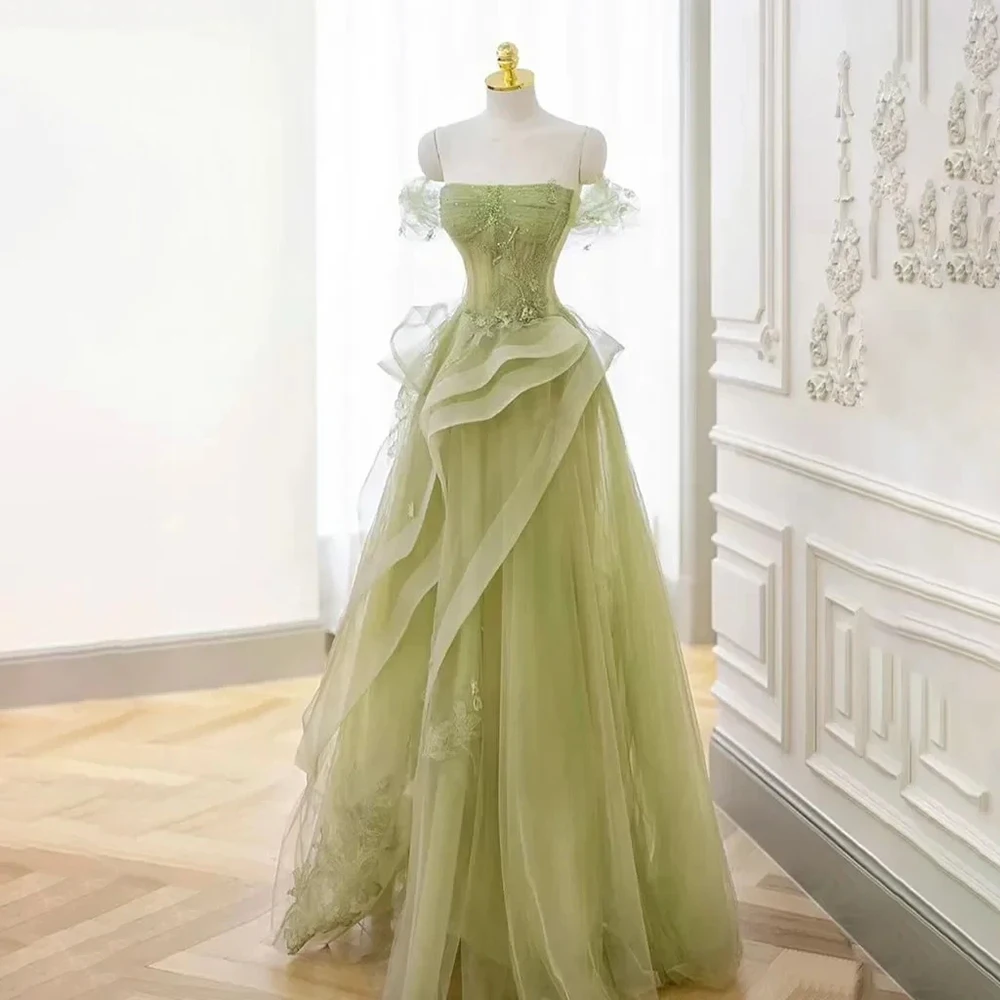 

Exquisite Prom Gown Customzied Off The Shoulder Tulle Pleat A-Line Floor Length Evening Dress with Fashion Appliques Party Dress