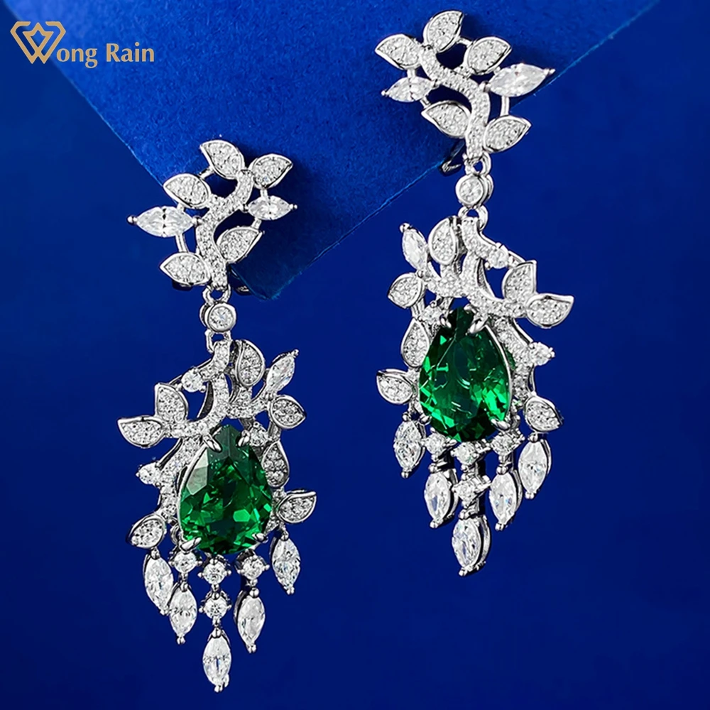 

Wong Rain Vintage 925 Sterling Silver Pear Cut 8*12 MM Emerald High Carbon Diamond Gemstone Drop Earrings for Women Fine Jewelry