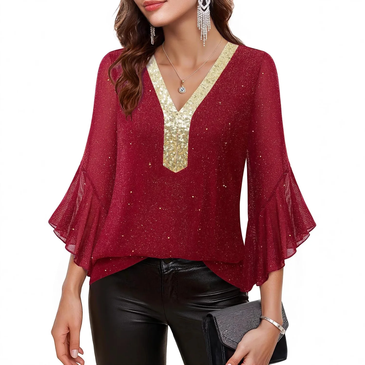 Fashionable Casual Deep V-Neck Color-Block Seven-Eighths Flared Sleeve Women's Top