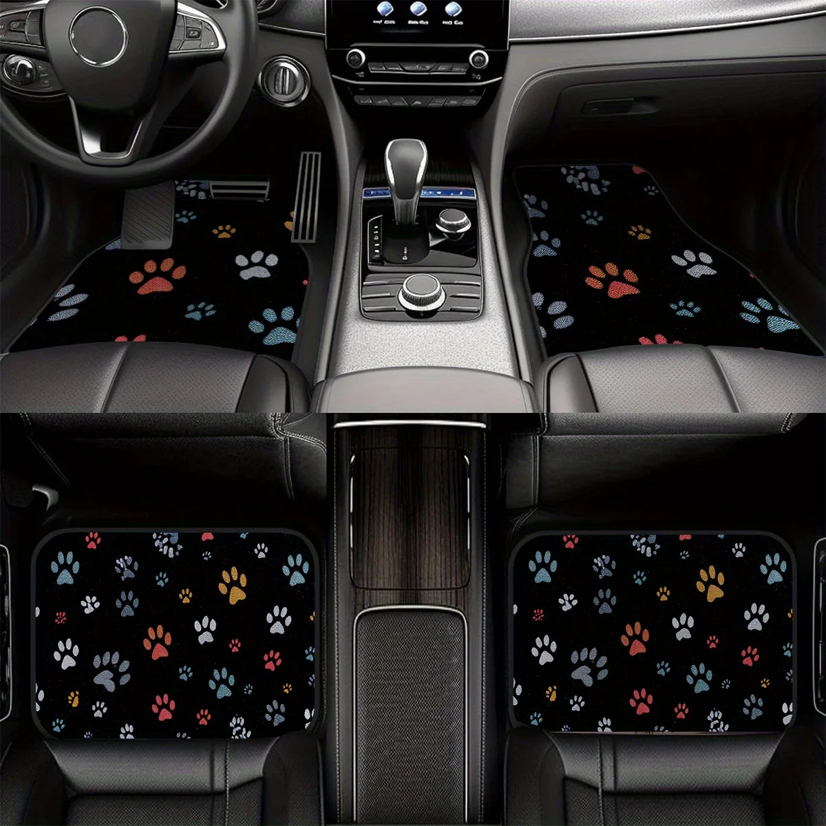 4pcs Non-Slip Polyester Car Footrest Mats With Colorful Paw Print Design - Universal Fit For Sedan & SUV Vehicles, Durable Inter