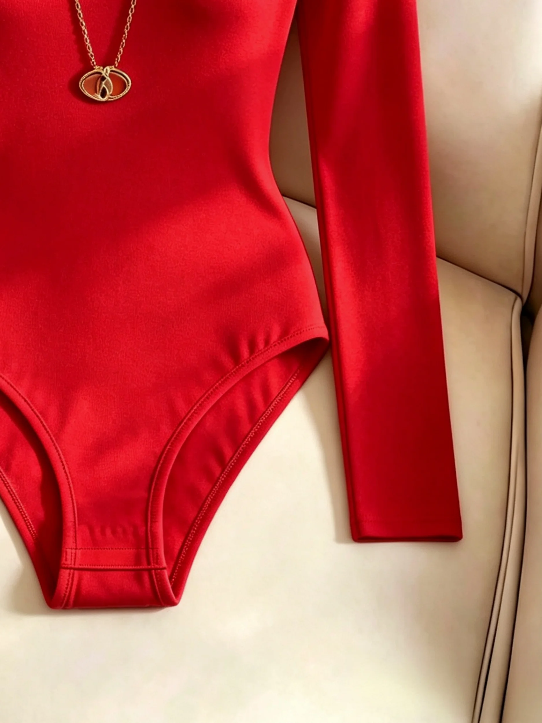 Damen-Body mit Rundhalsausschnitt und langen Ärmeln, hoch geschnitten, schmal geschnitten, figurbetont, Y2K, sexy, lässig, Basic, einteiliges Oberteil – Detail 19