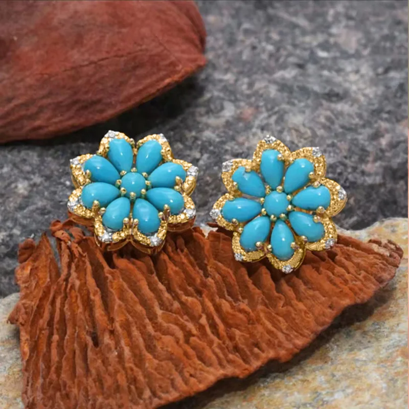 Boho Vintage Turquoise Stud Earrings for Women Snow Flower Earring Bridal Wedding Valentines Day Gift Jewelry Pendientes Mujer